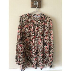 NWT Sag Harbor Womens Size 1X Fireberry Floral Blouse Long Sleeve Semi Sheer